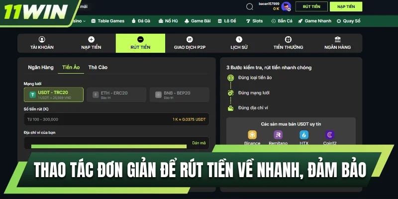 Thao tác đơn giản để rút tiền về nhanh, đảm bảo